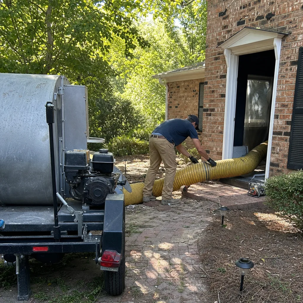 Technician using professional air duct cleaning equipment at a residence