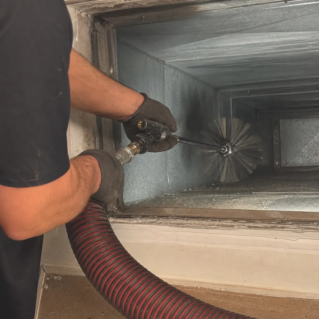 Professional technician performing air duct cleaning with a rotating brush tool