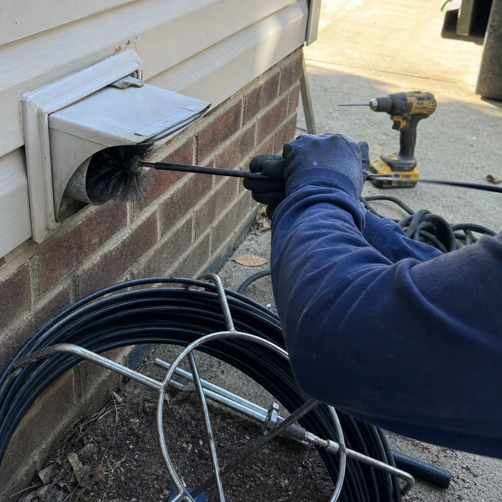 Technician using a rotating brush tool to clean residential dryer vent