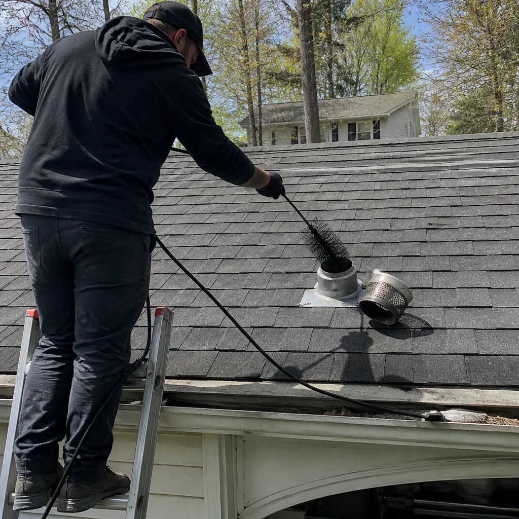 Technician performing professional dryer vent cleaning from a roof ladder