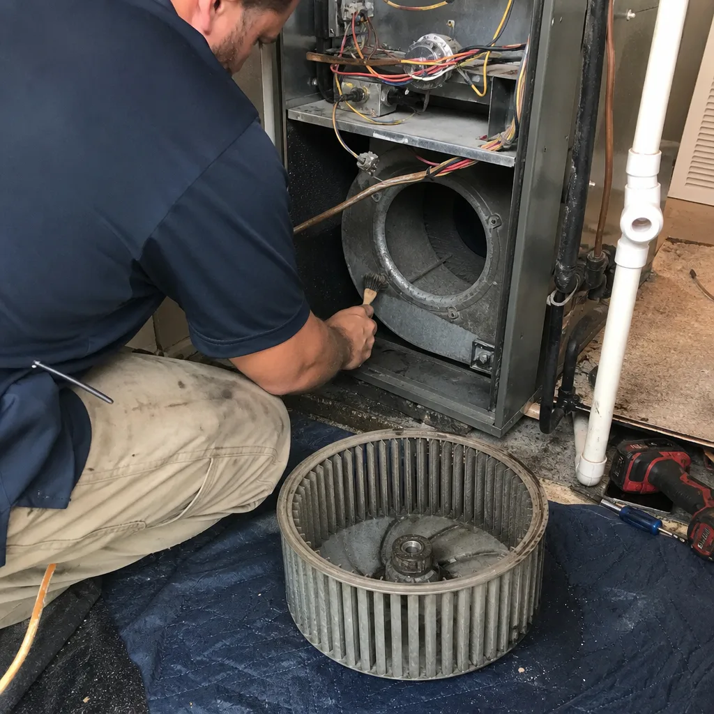 HVAC technician cleaning furnace blower assembly